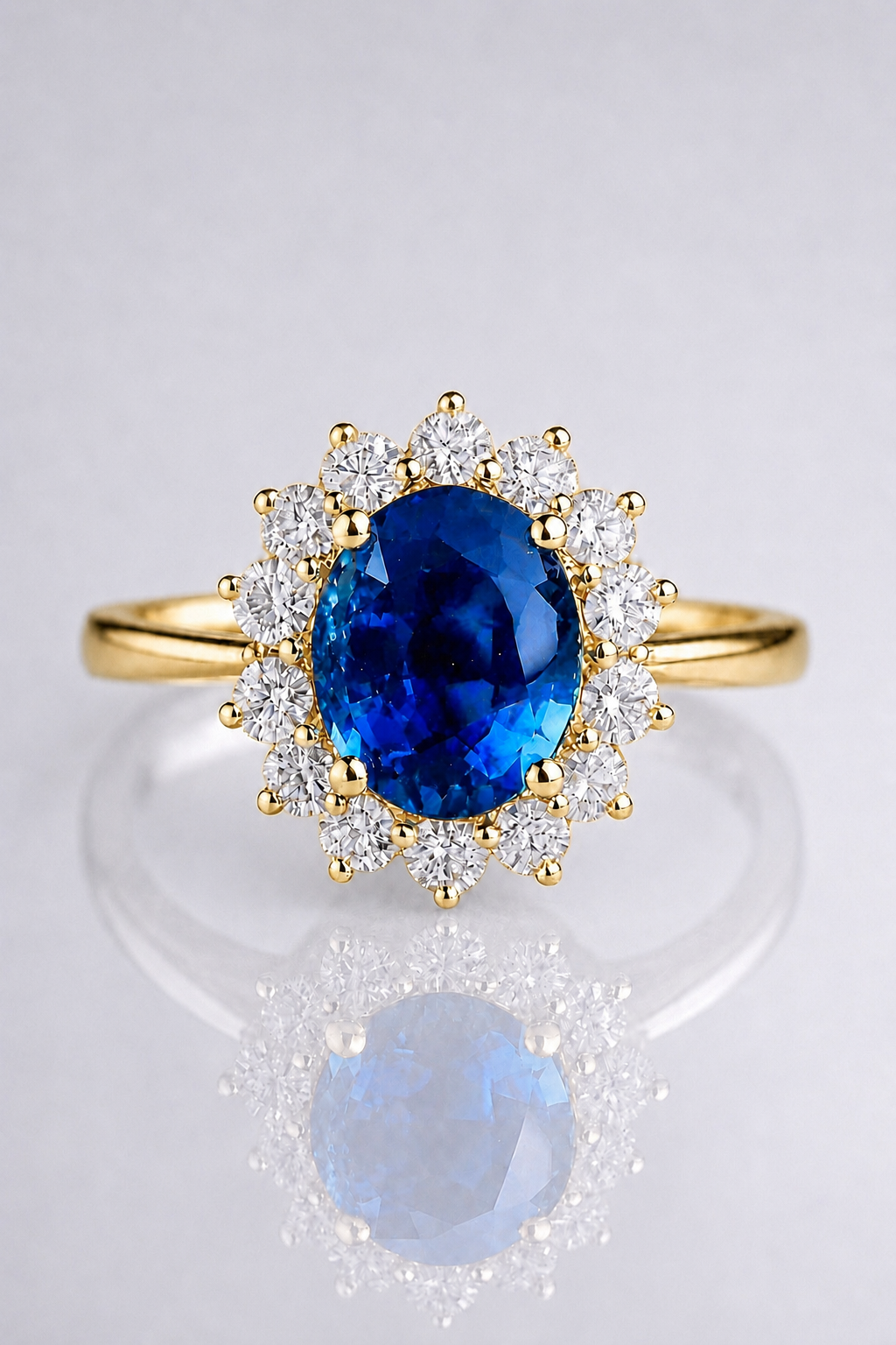 Natural Unheated Blue Sapphire Diamond Halo Handcrafted Yellow Gold Ring