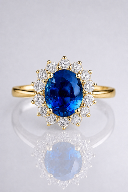 Natural Unheated Blue Sapphire Diamond Halo Handcrafted Yellow Gold Ring