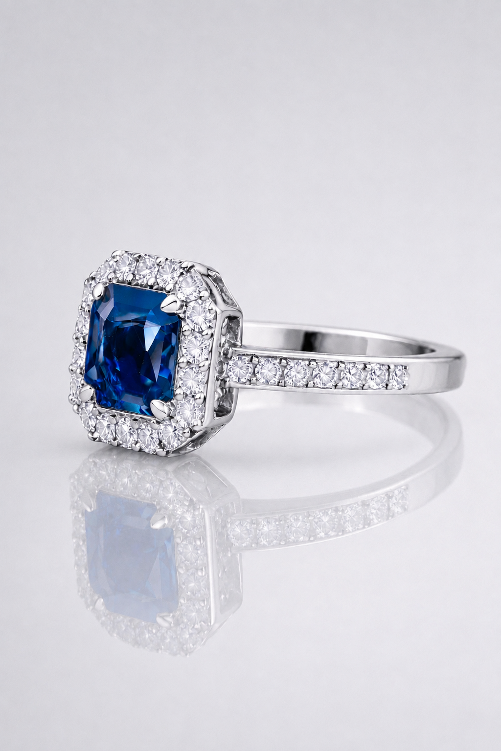Natural Unheated Blue Sapphire Diamond Halo Platinum Ring