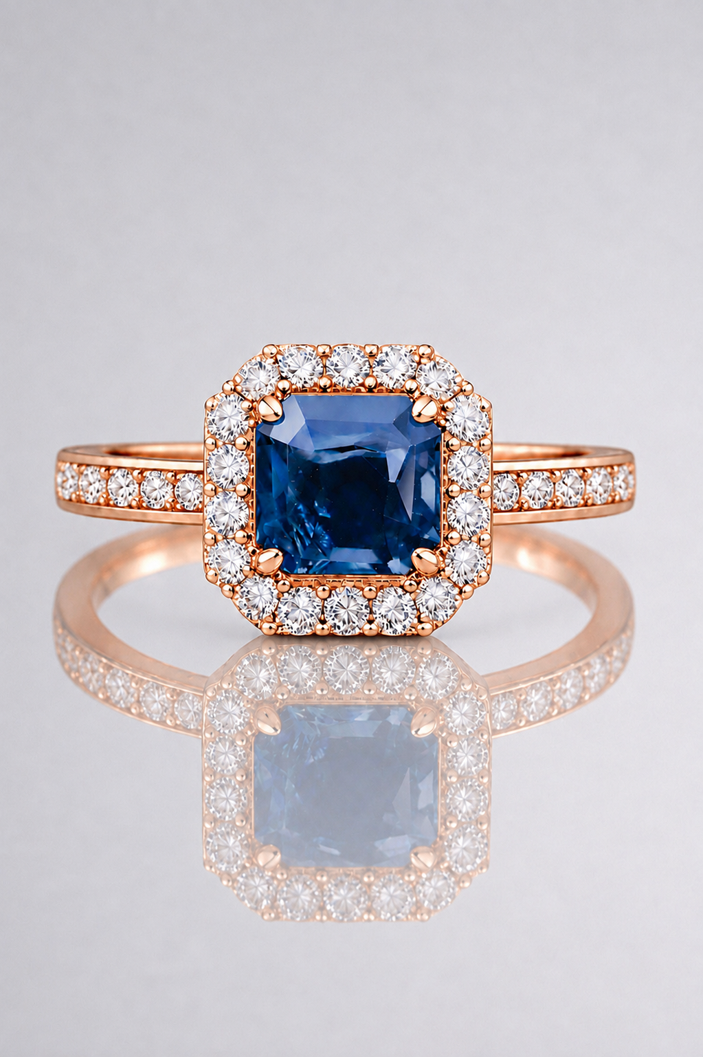 Natural Unheated Blue Sapphire Diamond Halo Rose Gold Ring