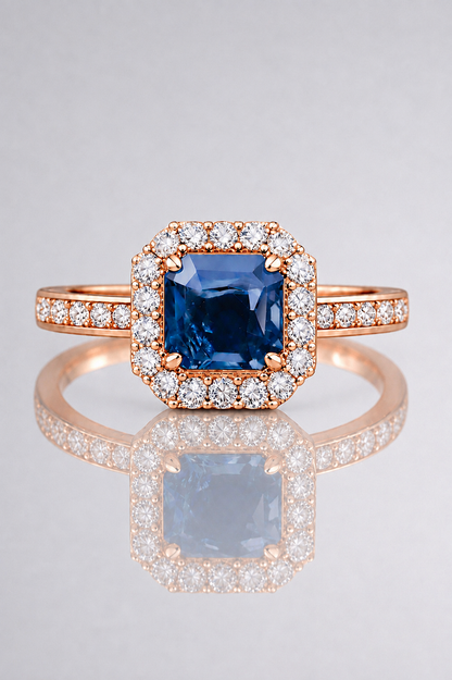 Natural Unheated Blue Sapphire Diamond Halo Rose Gold Ring