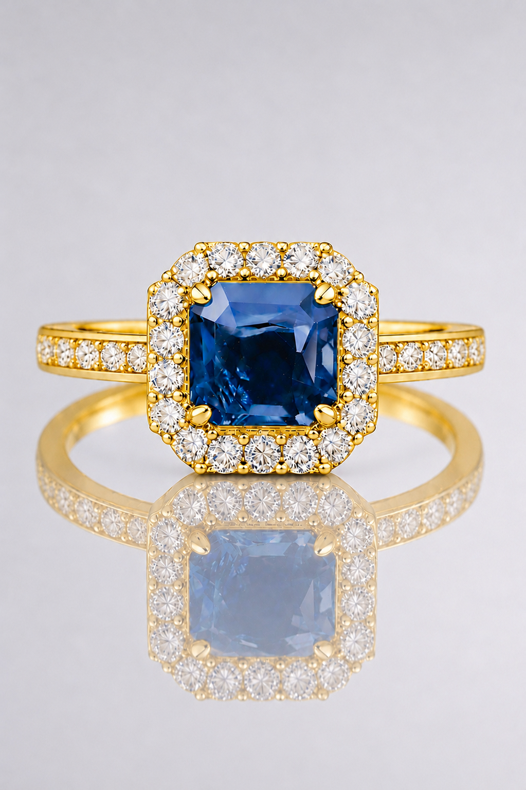 Natural Unheated Blue Sapphire Diamond Halo Yellow Gold Ring