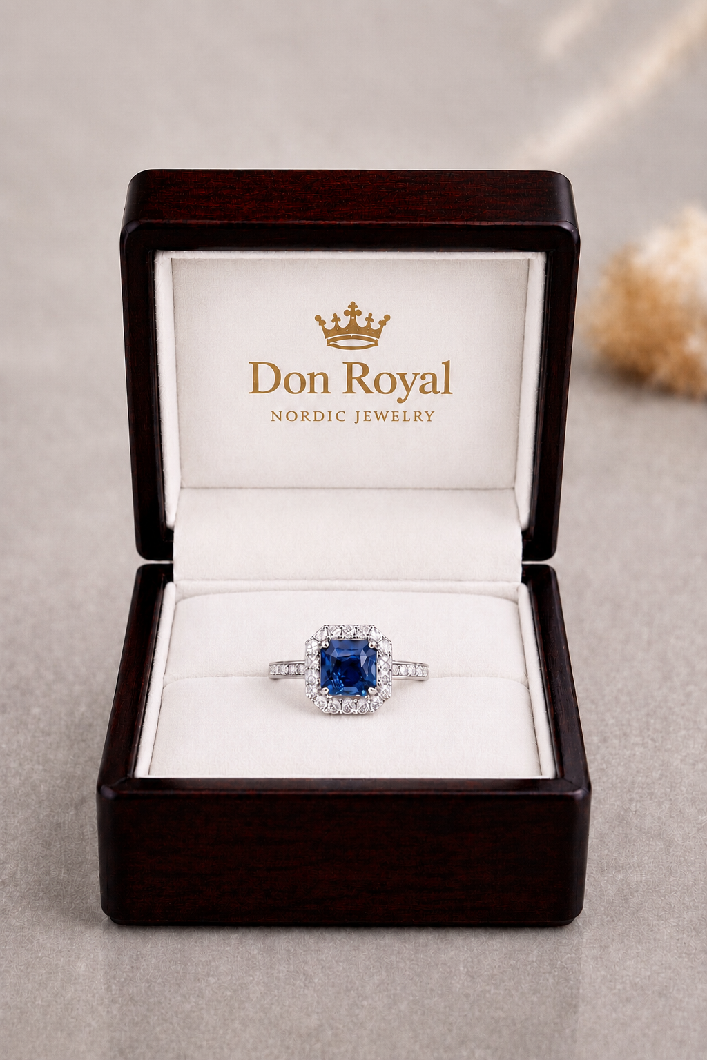 Natural Unheated Blue Sapphire Diamond Handcrafted Halo Gold Ring Box