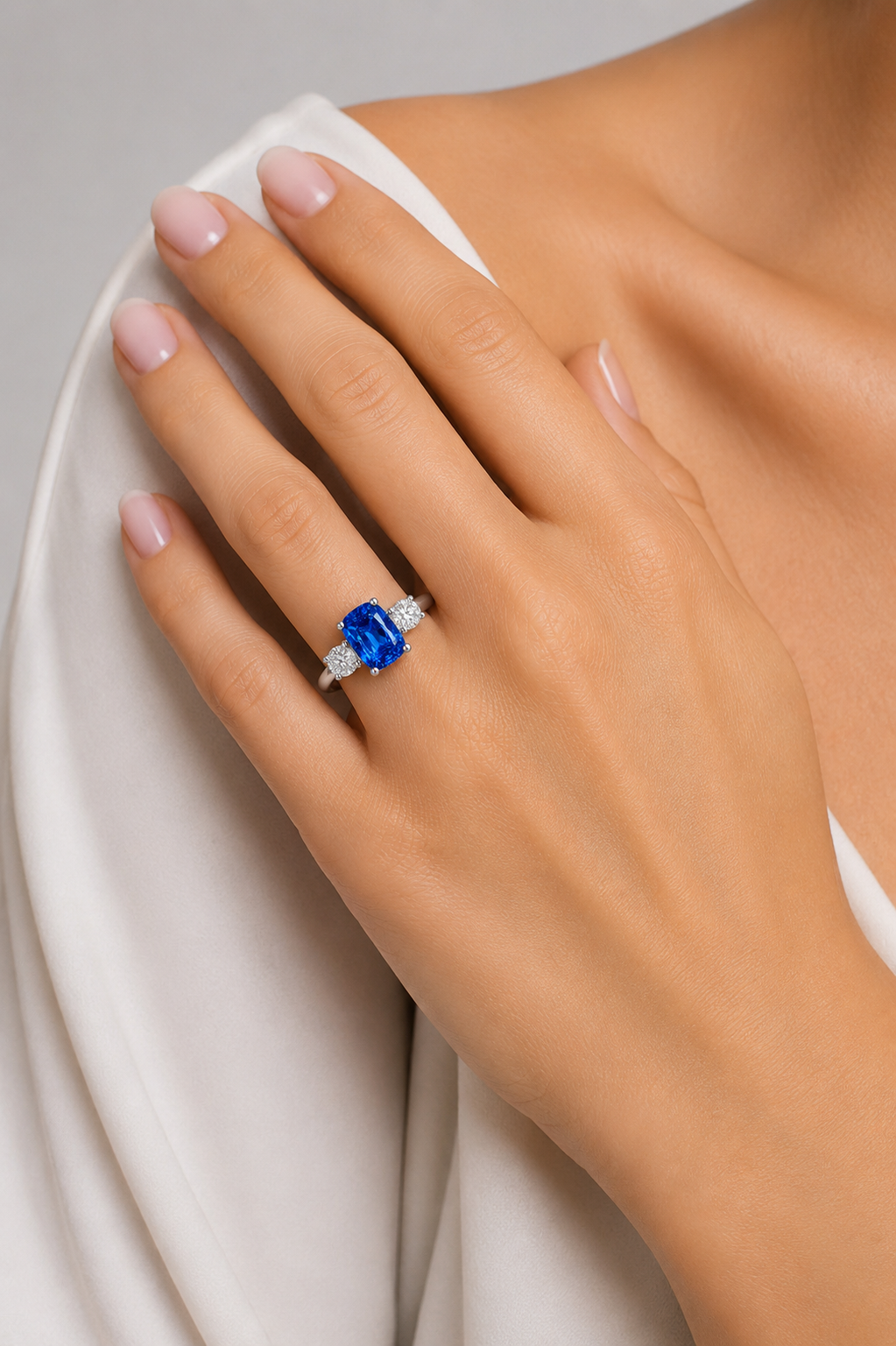 Natural Unheated Blue Sapphire Diamond Trilogy Handcrafted Gold Ring Model