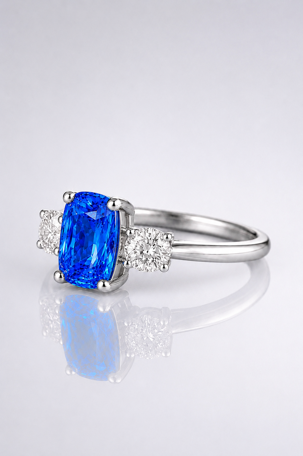 Natural Unheated Blue Sapphire Diamond Trilogy Handcrafted Platinum Ring