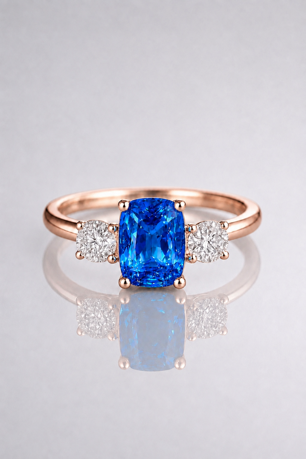 Natural Unheated Blue Sapphire Diamond Trilogy Handcrafted Rose Gold Ring
