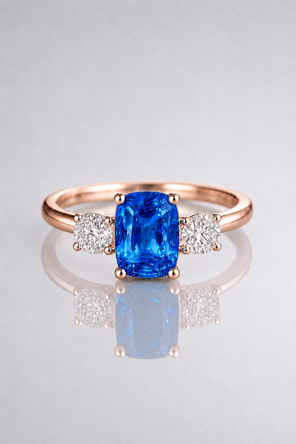 Natural Unheated Blue Sapphire Diamond Trilogy Handcrafted Rose Gold Ring