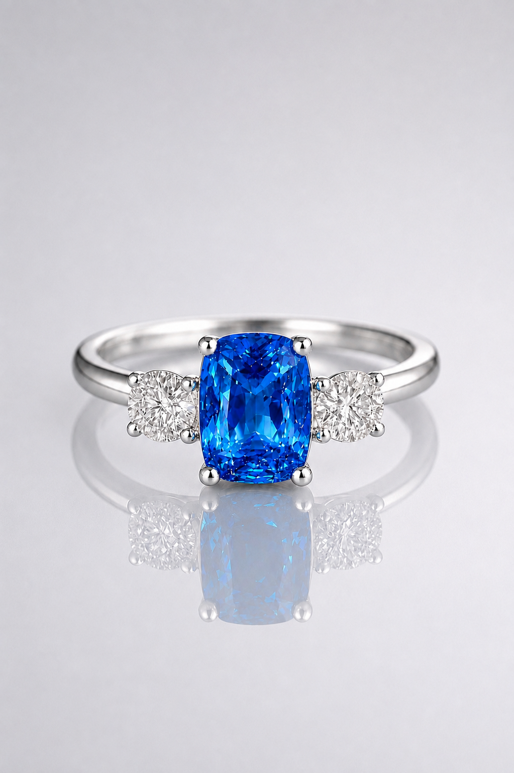Natural Unheated Blue Sapphire Diamond Trilogy Handcrafted White Gold Ring