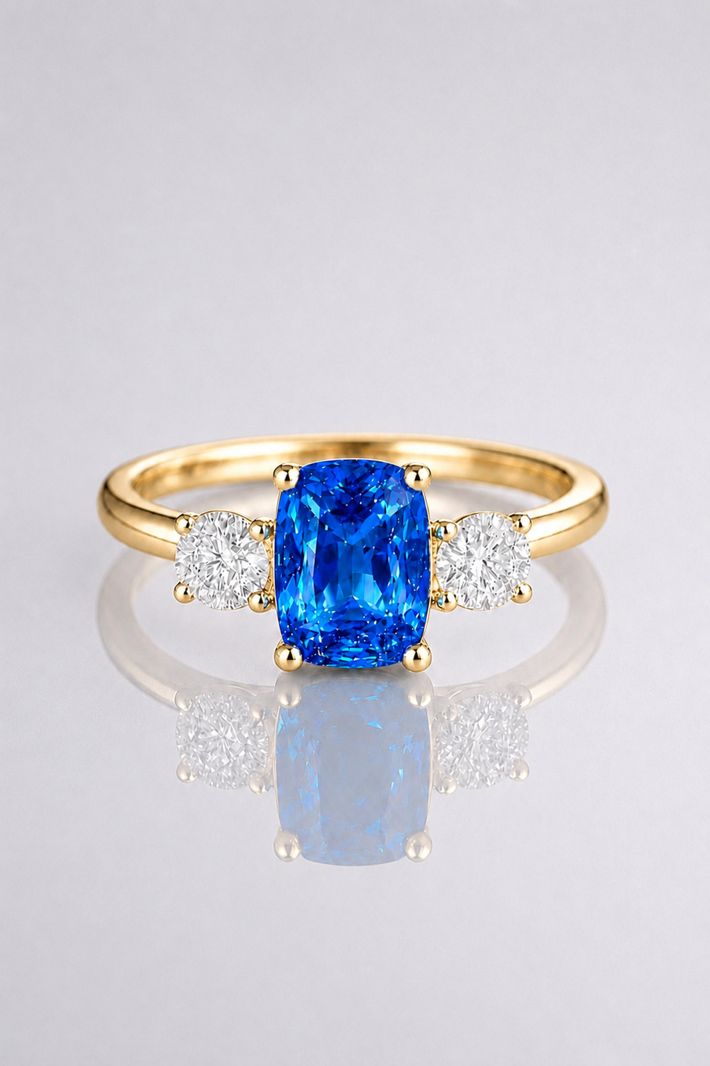 Natural Unheated Blue Sapphire Diamond Trilogy Handcrafted Yellow Gold Ring