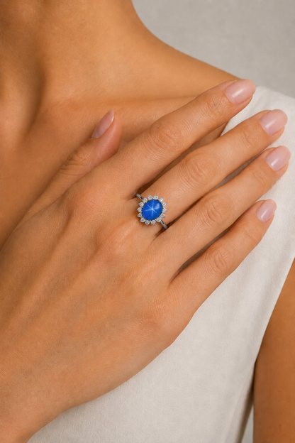 Natural Unheated Blue Star Sapphire Diamond Halo Handcrafted Gold Ring Model