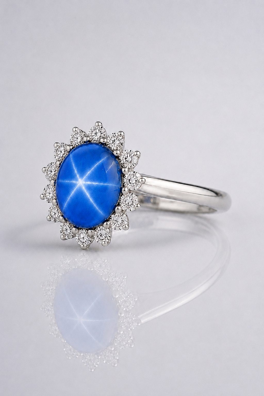 Natural Unheated Blue Star Sapphire Diamond Halo Handcrafted Platinum Ring