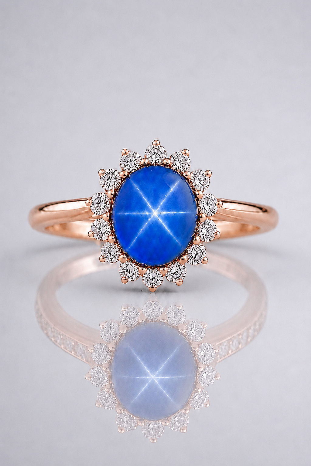 Natural Unheated Blue Star Sapphire Diamond Halo Handcrafted Rose Gold Ring