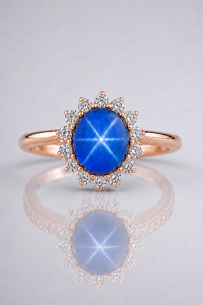 Natural Unheated Blue Star Sapphire Diamond Halo Handcrafted Rose Gold Ring