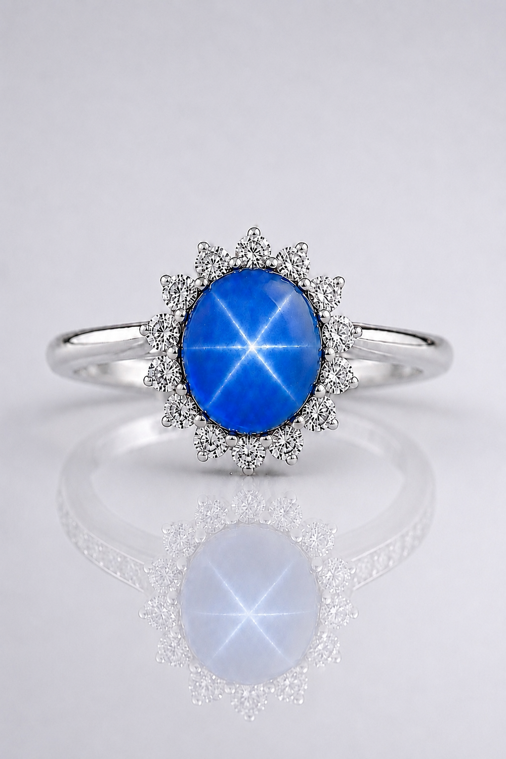 Natural Unheated Blue Star Sapphire Diamond Halo Handcrafted White Gold Ring