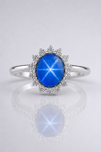 Natural Unheated Blue Star Sapphire Diamond Halo Handcrafted White Gold Ring