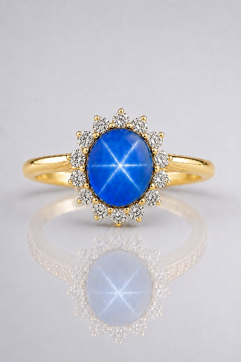 Natural Unheated Blue Star Sapphire Diamond Halo Handcrafted Yellow Gold Ring
