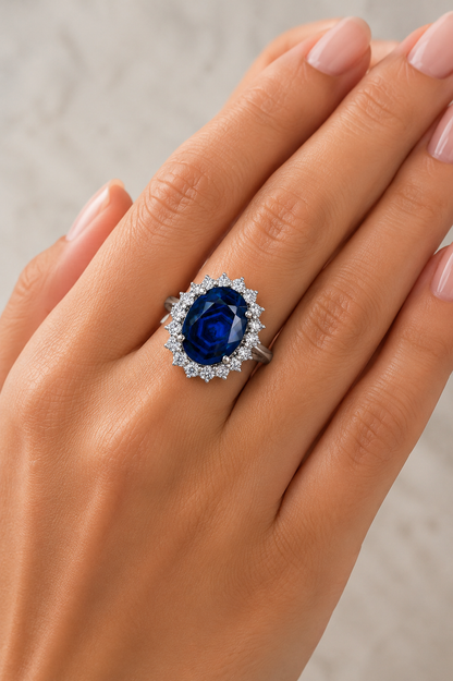 Natural Unheated Dark Blue Sapphire Diamond Halo Gold Ring Model