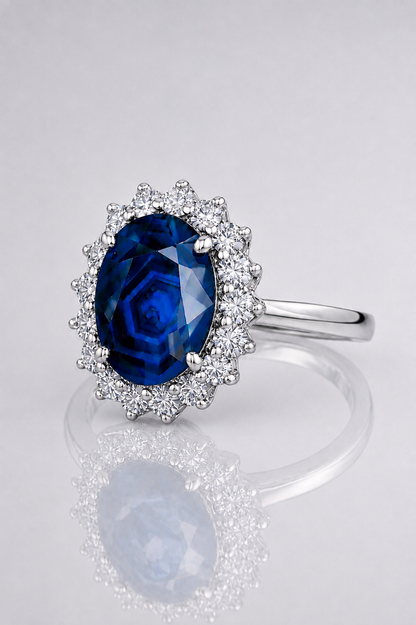 Natural Unheated Dark Blue Sapphire Diamond Halo Platinum Ring