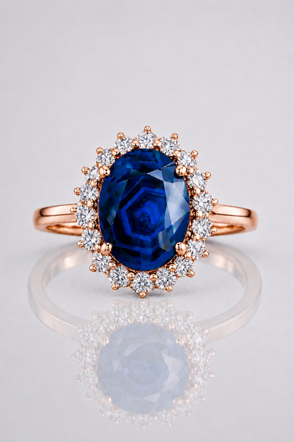 Natural Unheated Dark Blue Sapphire Diamond Halo Rose Gold Ring