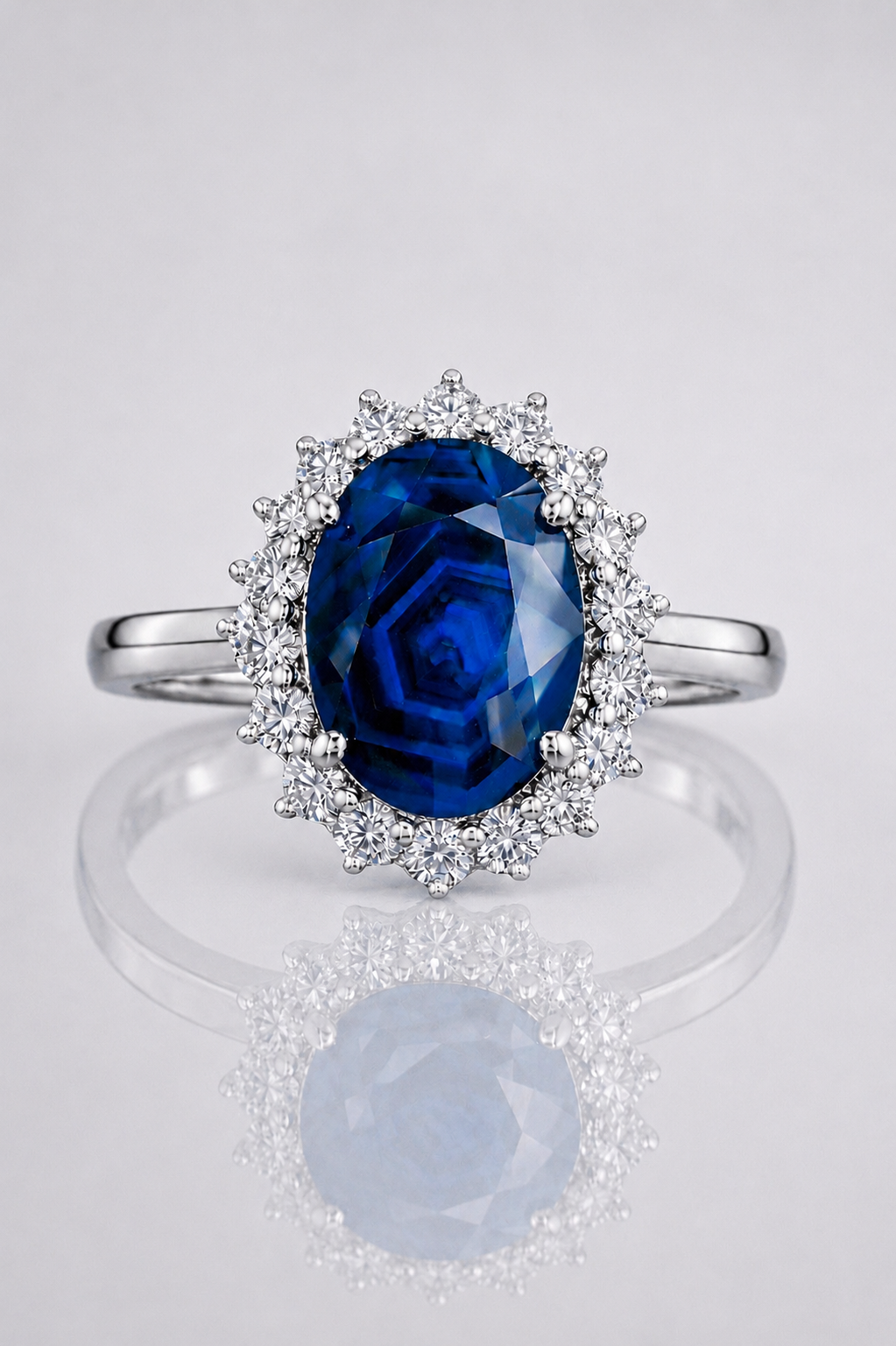 Natural Unheated Dark Blue Sapphire Diamond Halo White Gold Ring