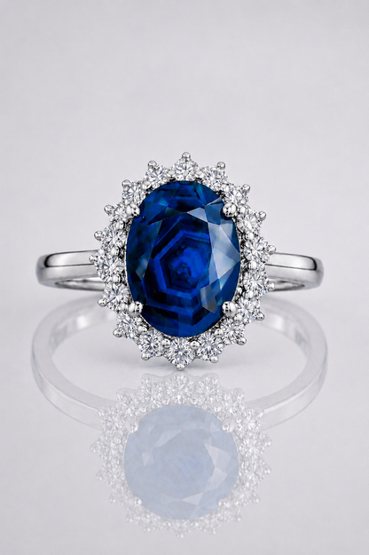 Natural Unheated Dark Blue Sapphire Diamond Halo White Gold Ring