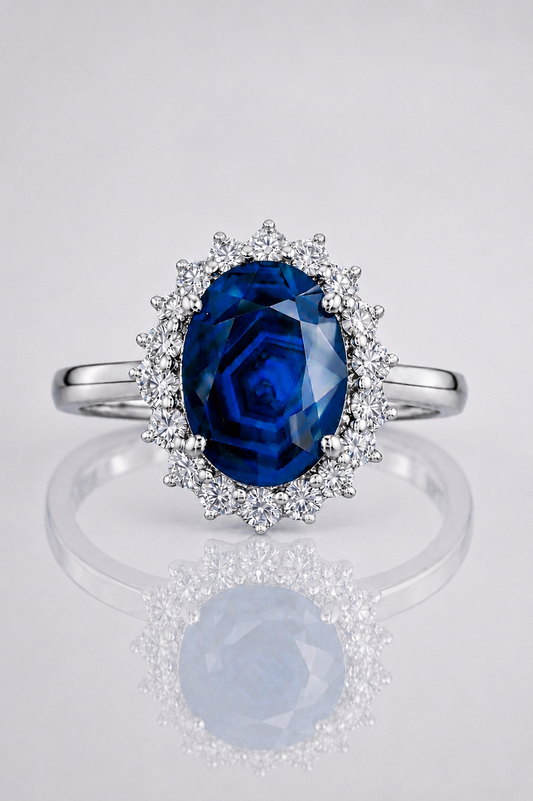 Natural Unheated Dark Blue Sapphire Diamond Halo White Gold Ring