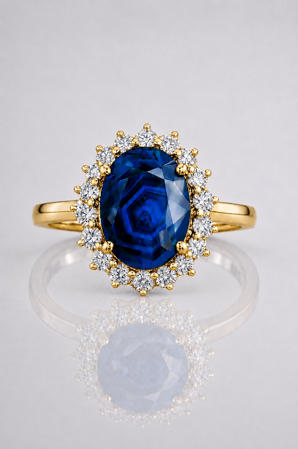 Natural Unheated Dark Blue Sapphire Diamond Halo Yellow Gold Ring