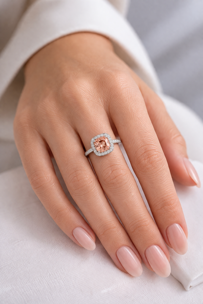 Natural Unheated Padparadscha Sapphire Diamond Halo Gold Ring Model