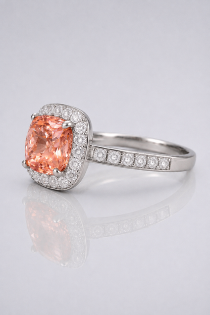 Natural Unheated Padparadscha Sapphire Diamond Halo Platinum Ring