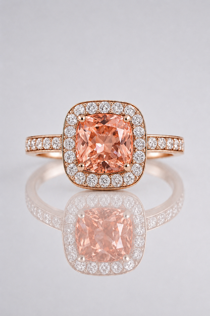 Natural Unheated Padparadscha Sapphire Diamond Halo Rose Gold Ring