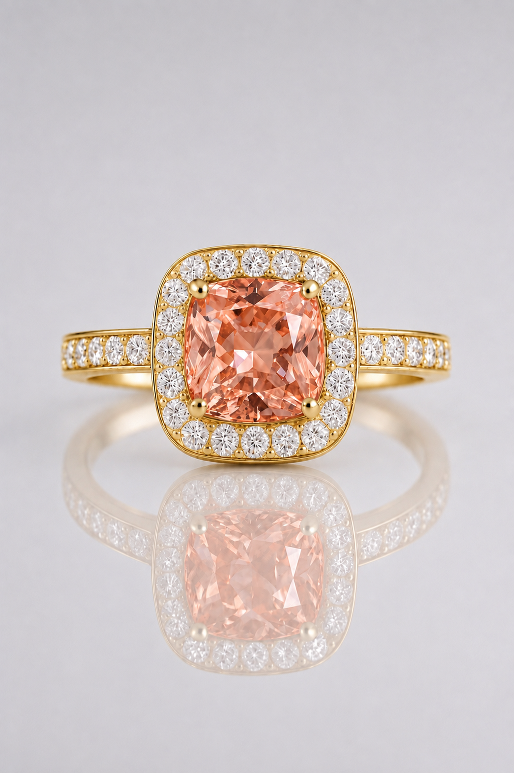 Natural Unheated Padparadscha Sapphire Diamond Halo Yellow Gold Ring