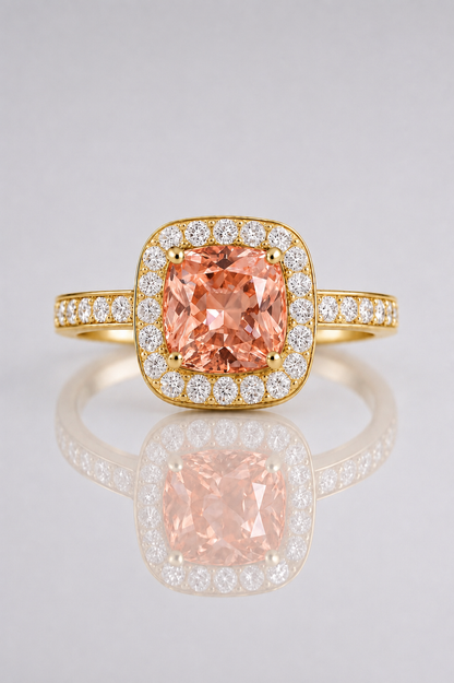 Natural Unheated Padparadscha Sapphire Diamond Halo Yellow Gold Ring