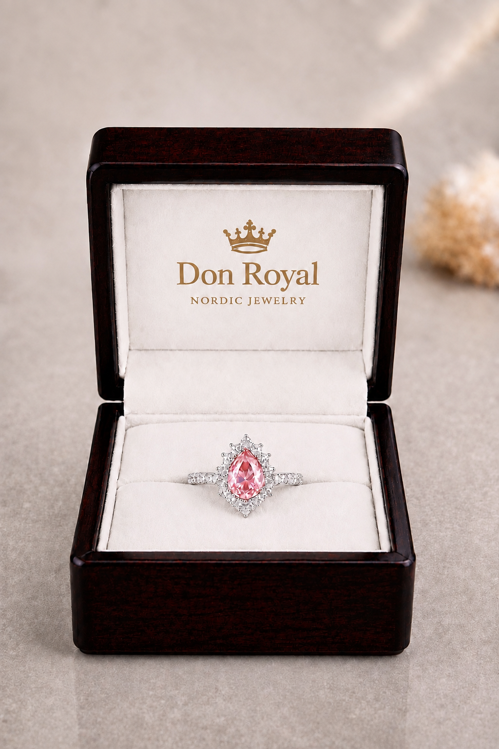 Natural Unheated Padparadscha Sapphire Diamond Handcrafted Halo Gold Ring Box