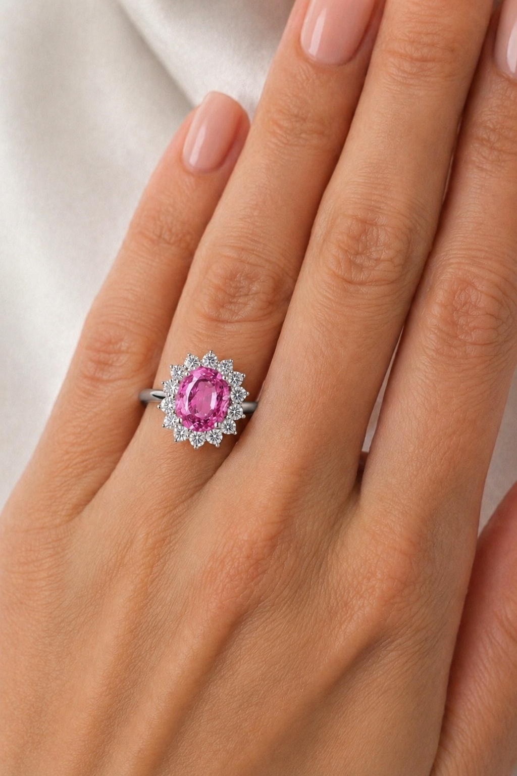 Natural Unheated Pink Sapphire Diamond Halo Handcrafted Gold Ring Model