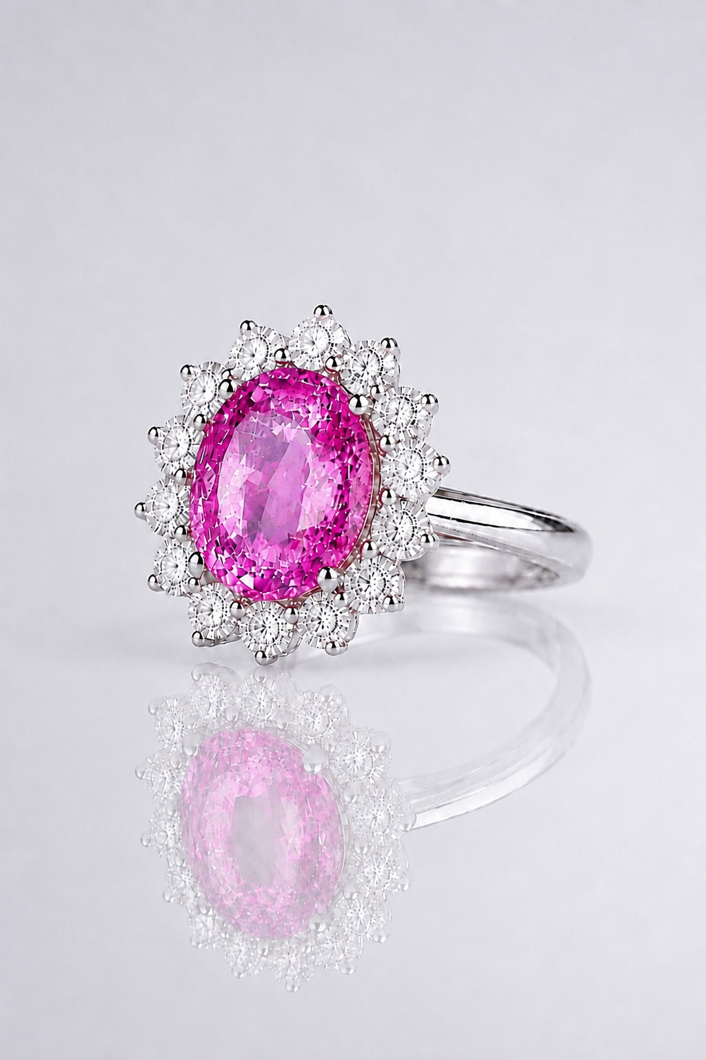 Natural Unheated Pink Sapphire Diamond Halo Handcrafted Platinum Ring