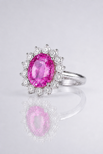 Natural Unheated Pink Sapphire Diamond Halo Handcrafted Platinum Ring