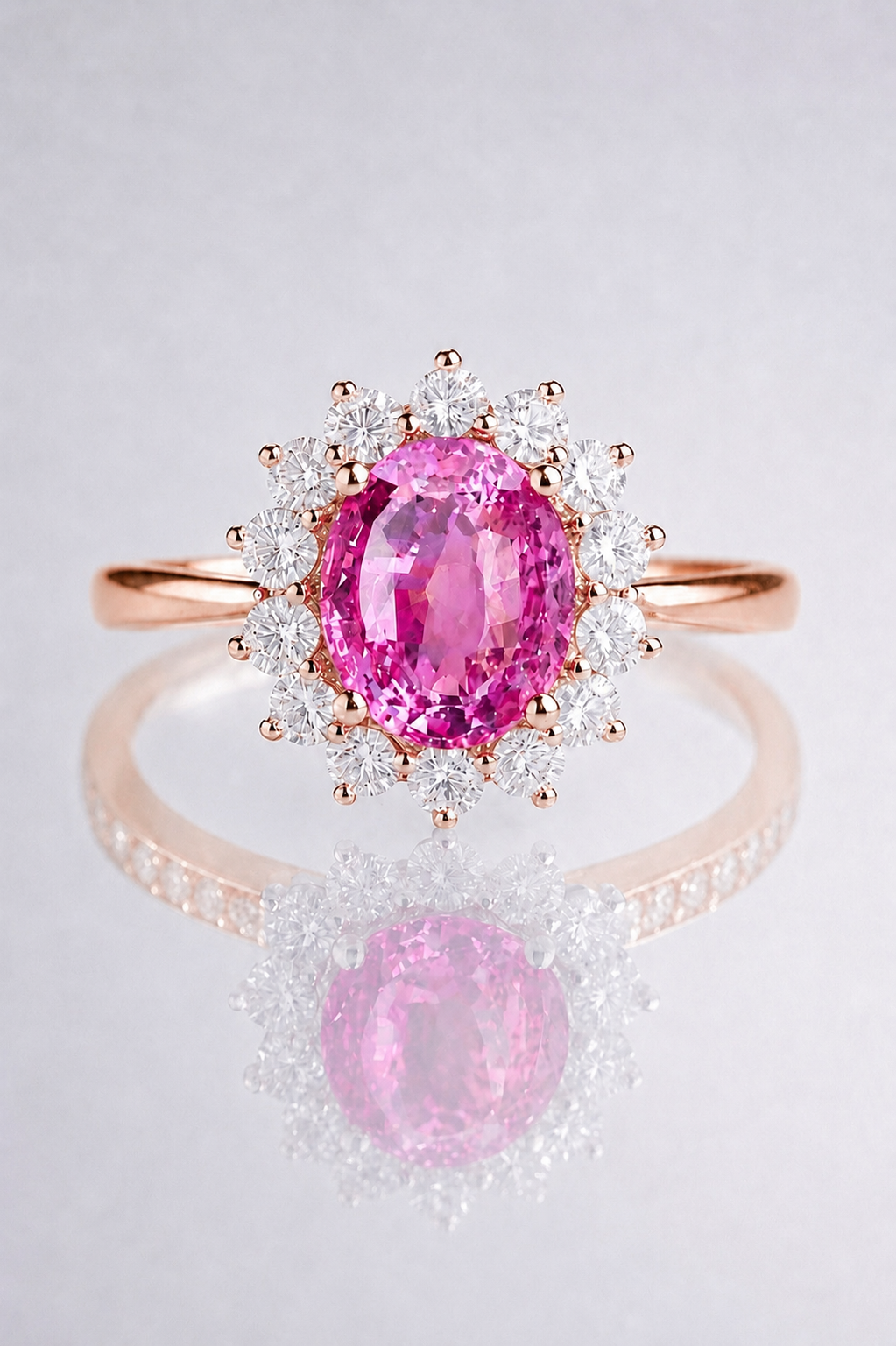 Natural Unheated Pink Sapphire Diamond Halo Handcrafted Rose Gold Ring