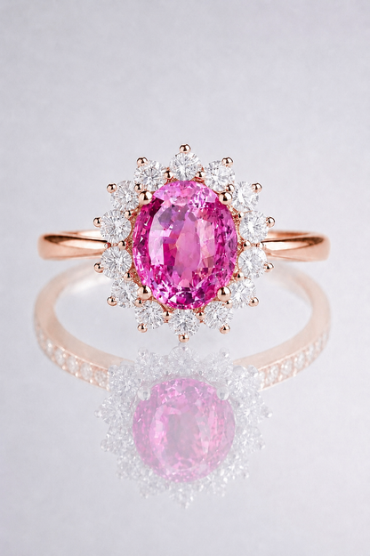 Natural Unheated Pink Sapphire Diamond Halo Handcrafted Rose Gold Ring