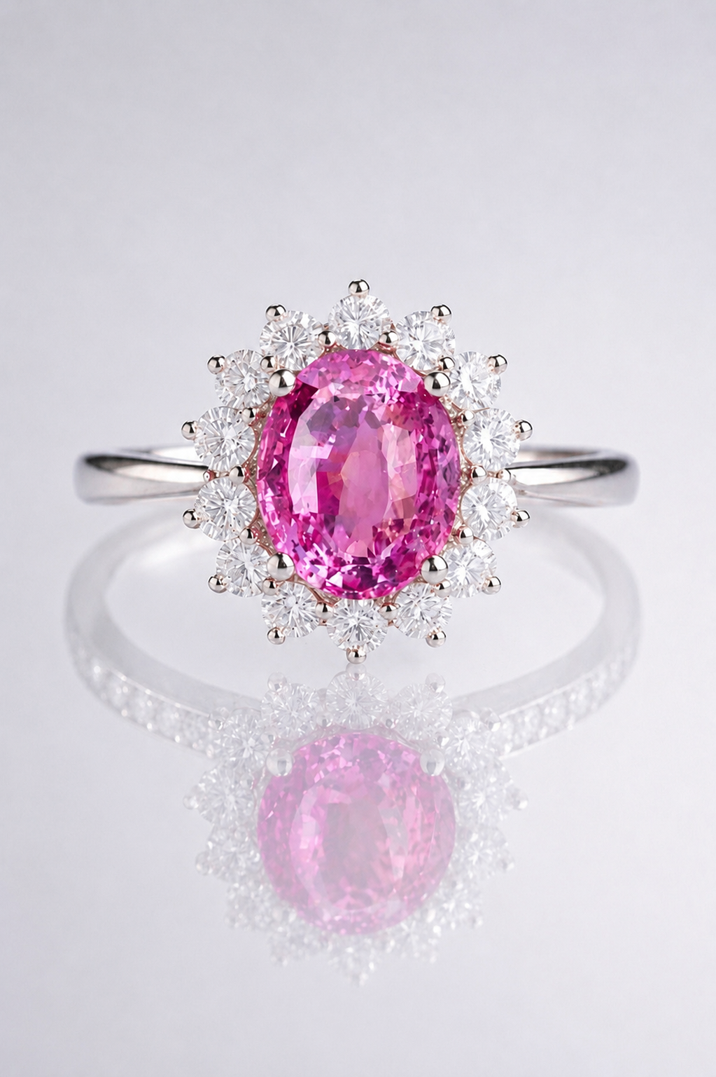 Natural Unheated Pink Sapphire Diamond Halo Handcrafted White Gold Ring