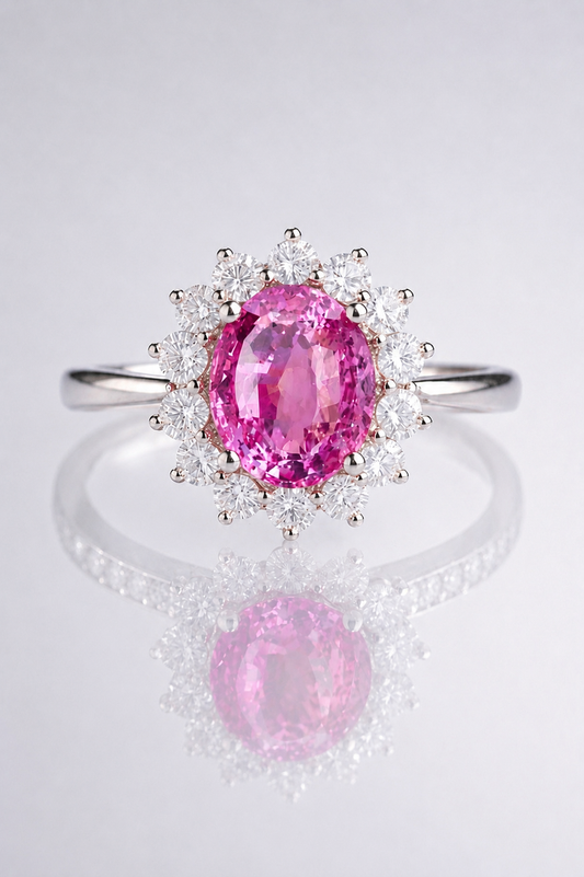 Natural Unheated Pink Sapphire Diamond Halo Handcrafted White Gold Ring