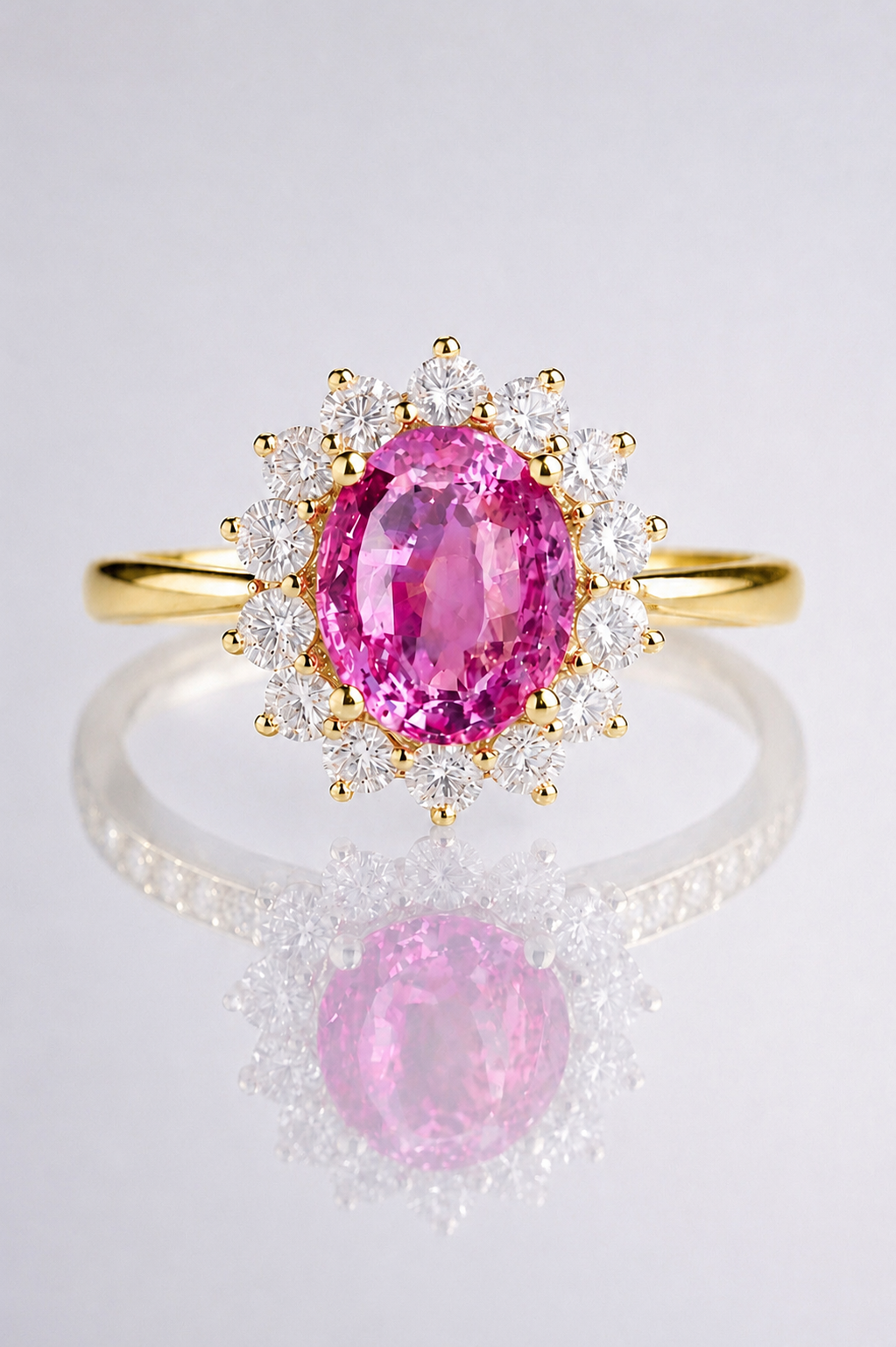 Natural Unheated Pink Sapphire Diamond Halo Handcrafted Yellow Gold Ring