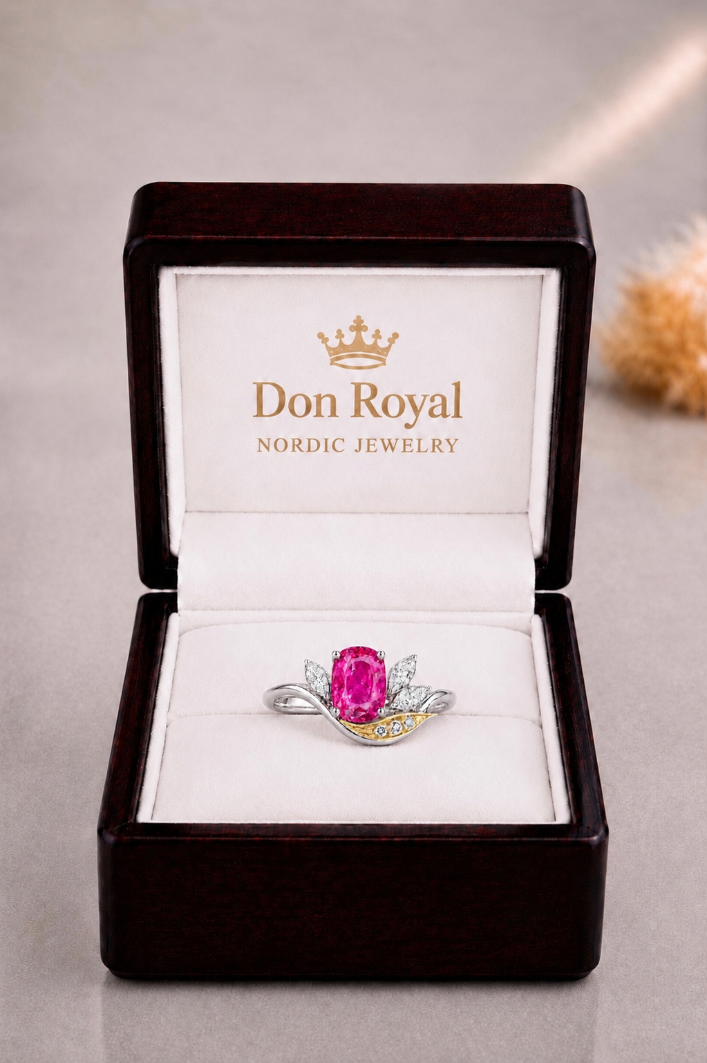 Natural Unheated Pink Sapphire Diamond Handcrafted Gold Ring Box
