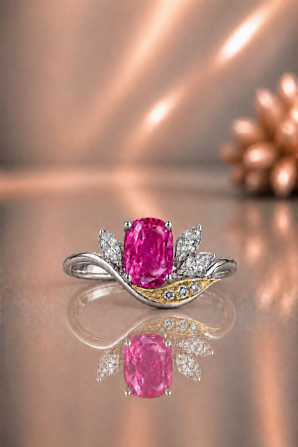 Natural Unheated Pink Sapphire Diamond Handcrafted Platinum Ring