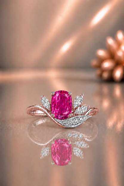 Natural Unheated Pink Sapphire Diamond Handcrafted Rose Gold Ring