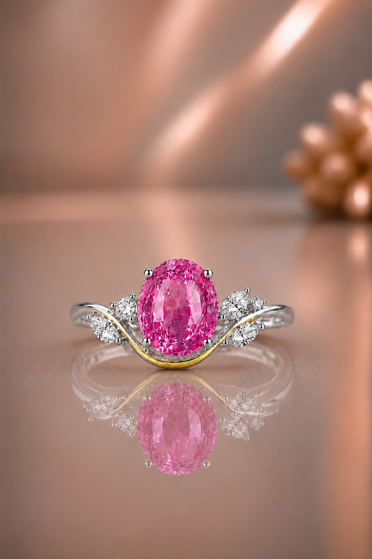 natural  unheated pink sapphire diamond handcrafted two-tone gold ring one of a kind in white