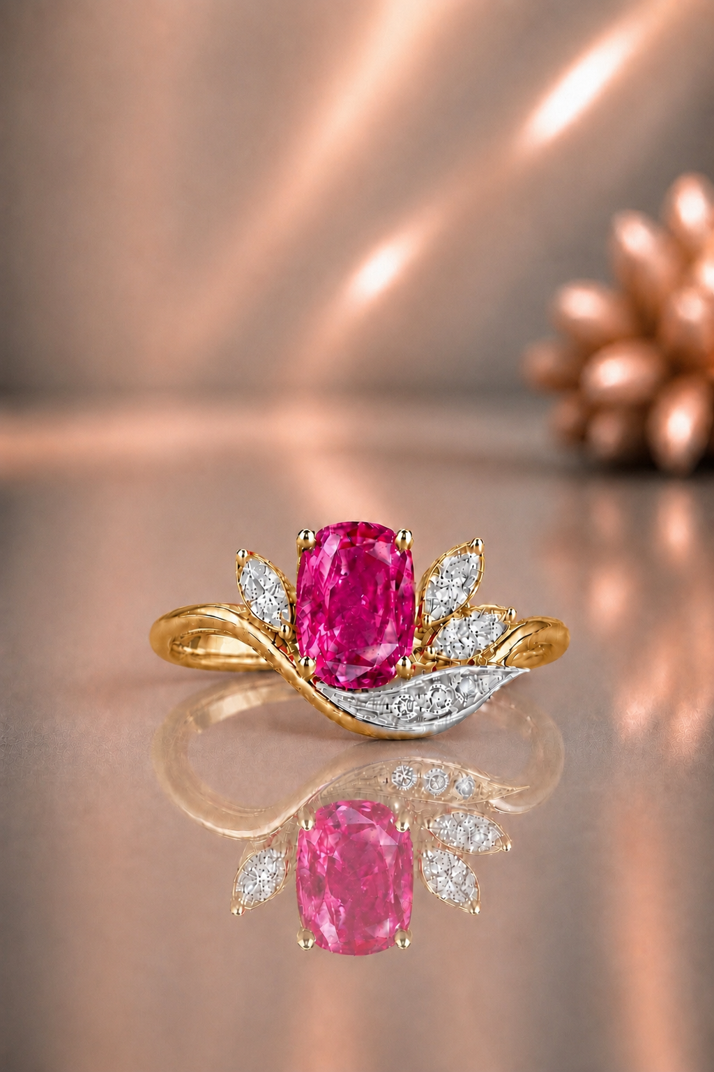 Natural Unheated Pink Sapphire Diamond Handcrafted Yellow Gold Ring