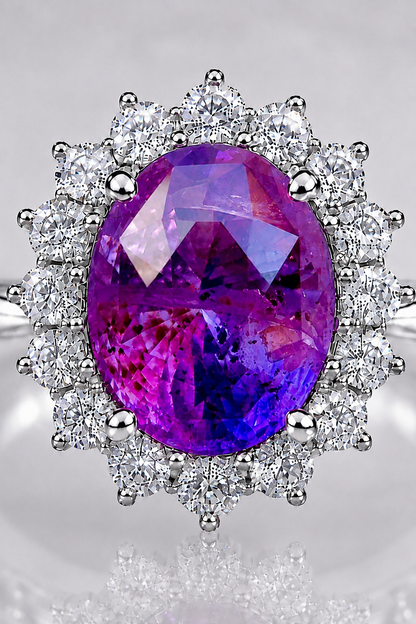 Natural Unheated Purplish Pink Sapphire Diamond Halo Gold Ring Macro