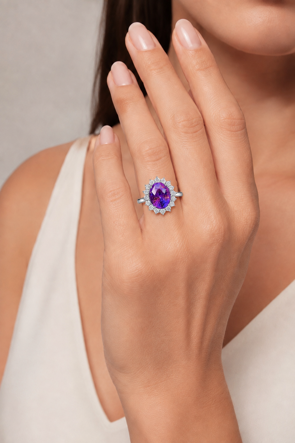 Natural Unheated Purplish Pink Sapphire Diamond Halo Gold Ring Model