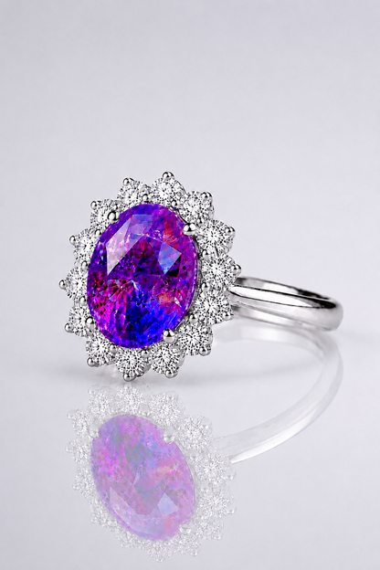 Natural Unheated Purplish Pink Sapphire Diamond Halo Platinum Ring