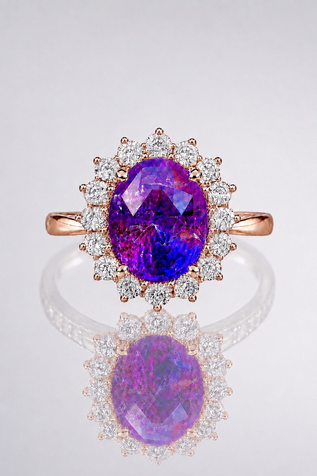 Natural Unheated Purplish Pink Sapphire Diamond Halo Rose Gold Ring